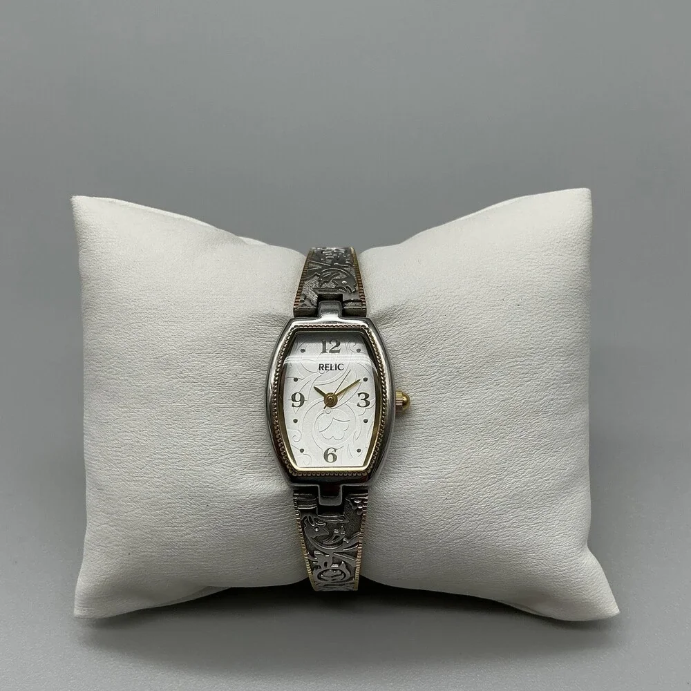 Relic Womens Watch 18mm Silver Dial Tonneau Scrolled Band New Battery 5.75